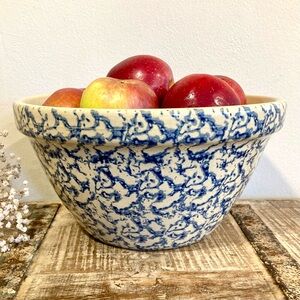 Vintage Blue Splatter Ware Mixing Bowl Robinson Ransbottom Roseville OH Pottery